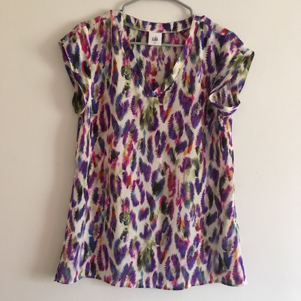 cabi colorful leopard feather animal print top
